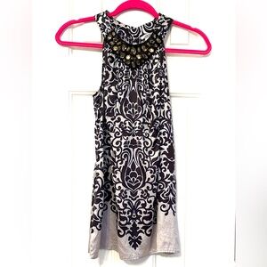 Cache Black and Gray Patterned large beetles beaded stretched silk Blouse